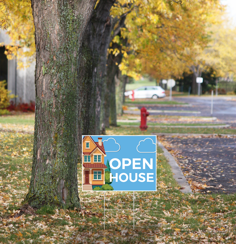 "Open House" Pre Designed Yard Signs | 24"W x 18"H, Double Sided, UV Printed | Choose Quantity & Signs Only or Sign with 6"W x 24"H Metal H-Stakes