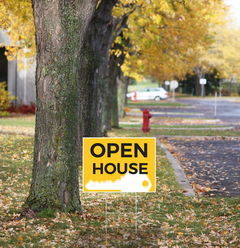 "Open House" Pre Designed Yard Signs | 24"W x 18"H, Double Sided, UV Printed | Choose Quantity & Signs Only or Sign with 6"W x 24"H Metal H-Stakes