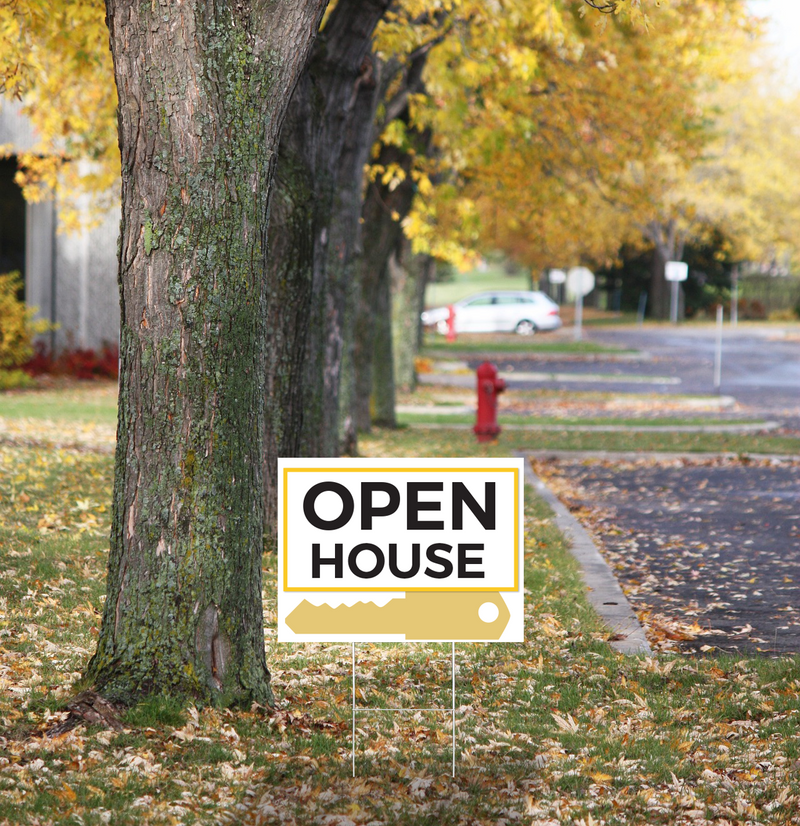 "Open House" Pre Designed Yard Signs | 24"W x 18"H, Double Sided, UV Printed | Choose Quantity & Signs Only or Sign with 6"W x 24"H Metal H-Stakes