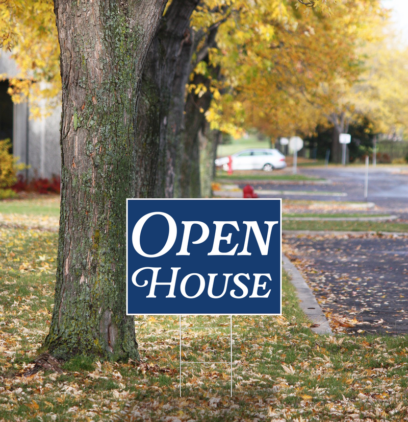 "Open House" Pre Designed Yard Signs | 24"W x 18"H, Double Sided, UV Printed | Choose Quantity & Signs Only or Sign with 6"W x 24"H Metal H-Stakes