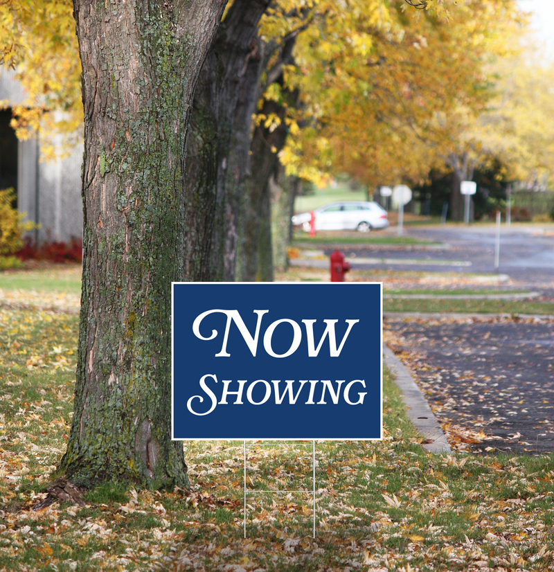 "Now Showing" Pre Designed Yard Signs | 24"W x 18"H, Double Sided, UV Printed | Choose Quantity | Comes with 6"W x 24"H Metal H-Stakes