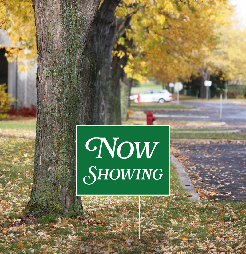 "Now Showing" Pre Designed Yard Signs | 24"W x 18"H, Double Sided, UV Printed | Choose Quantity | Comes with 6"W x 24"H Metal H-Stakes