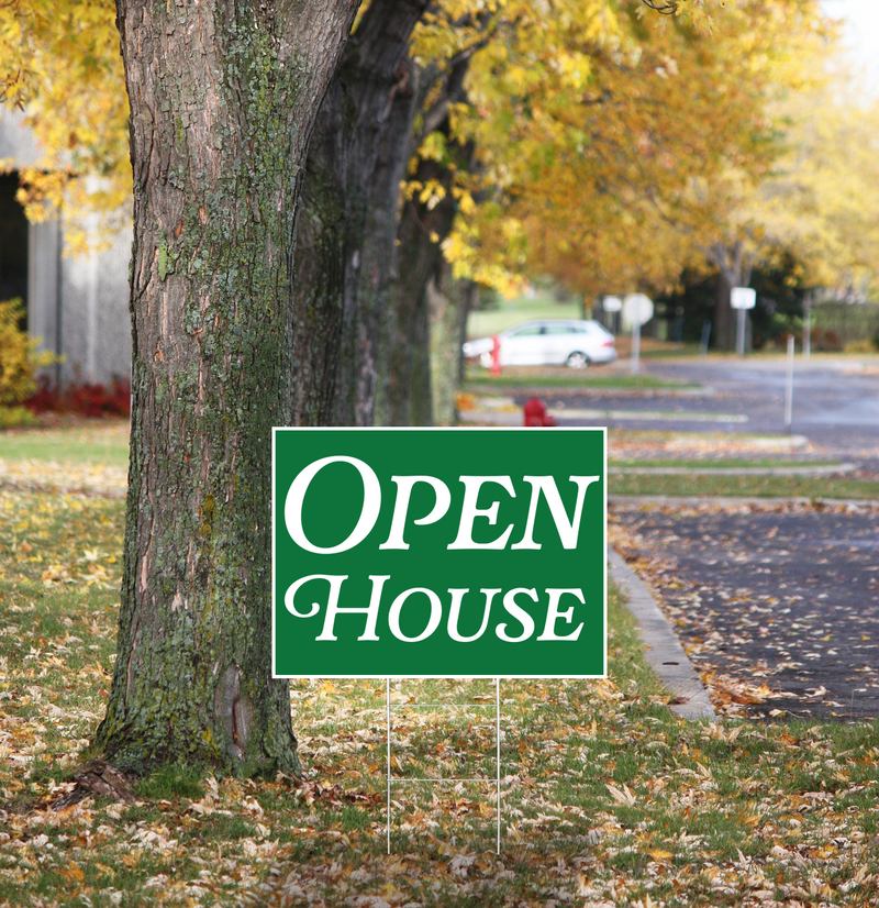 "Open House" Pre Designed Yard Signs | 24"W x 18"H, Double Sided, UV Printed | Choose Quantity & Signs Only or Sign with 6"W x 24"H Metal H-Stakes