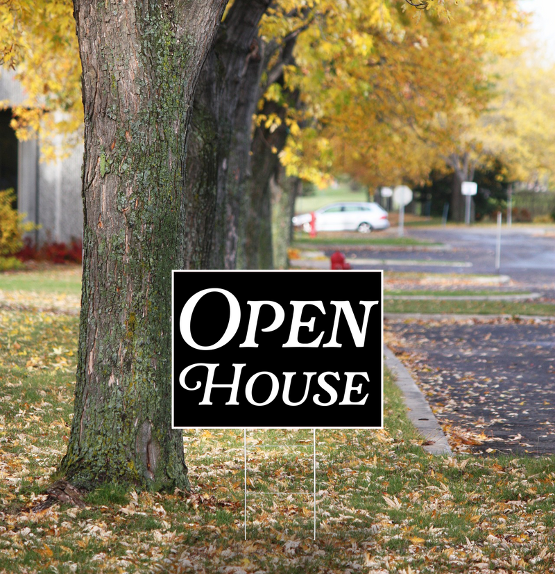 "Open House" Pre Designed Yard Signs | 24"W x 18"H, Double Sided, UV Printed | Choose Quantity & Signs Only or Sign with 6"W x 24"H Metal H-Stakes