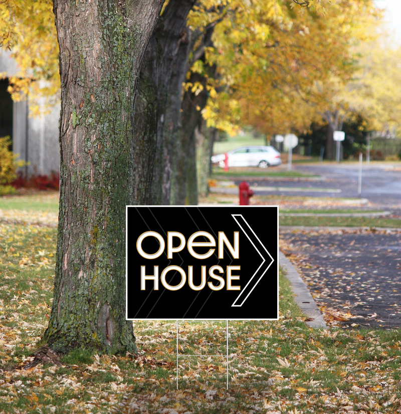 "Open House" Pre Designed Yard Signs | 24"W x 18"H, Double Sided, UV Printed | Choose Quantity & Signs Only or Sign with 6"W x 24"H Metal H-Stakes