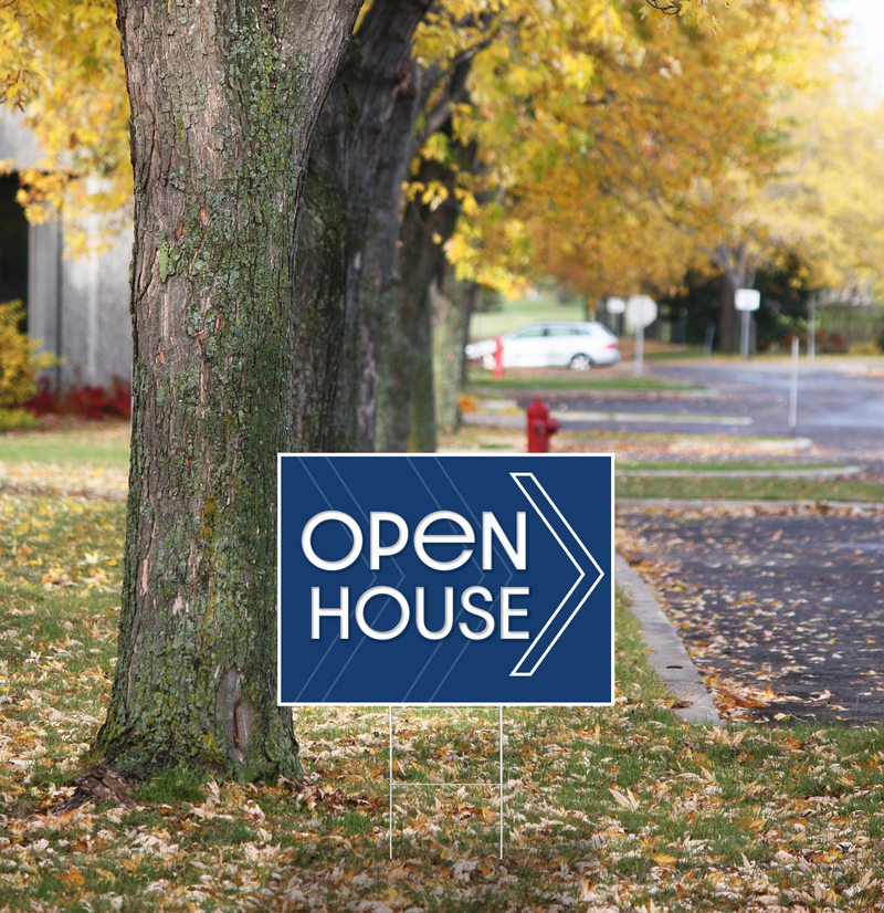 "Open House" Pre Designed Yard Signs | 24"W x 18"H, Double Sided, UV Printed | Choose Quantity & Signs Only or Sign with 6"W x 24"H Metal H-Stakes