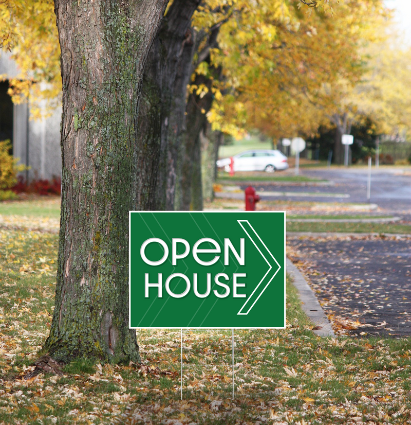 "Open House" Pre Designed Yard Signs | 24"W x 18"H, Double Sided, UV Printed | Choose Quantity & Signs Only or Sign with 6"W x 24"H Metal H-Stakes