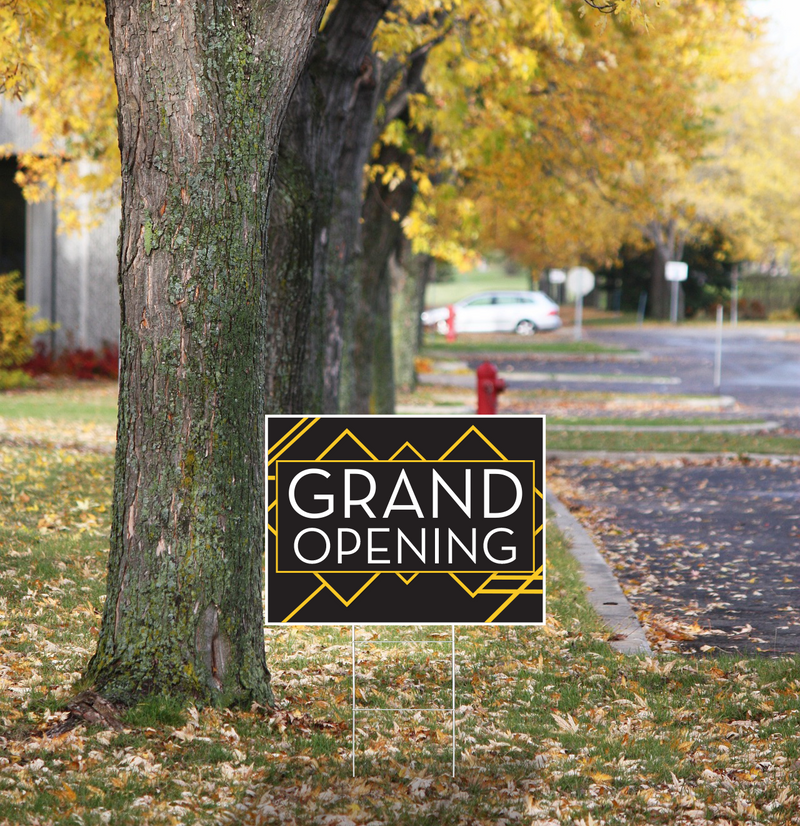 "Grand Opening" Pre Designed Yard Signs | 24"W x 18"H, Double Sided, UV Printed | Choose Quantity & Signs Only or Sign with 6"W x 24"H Metal H-Stakes