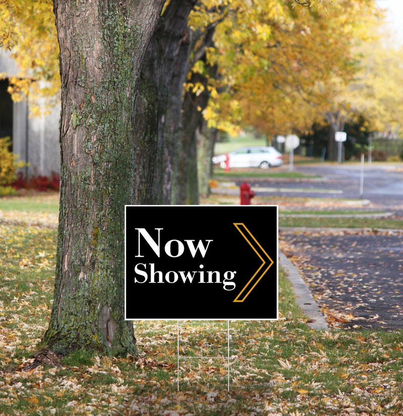 "Now Showing" Pre Designed Yard Signs | 24"W x 18"H, Double Sided, UV Printed | Choose Quantity | Comes with 6"W x 24"H Metal H-Stakes