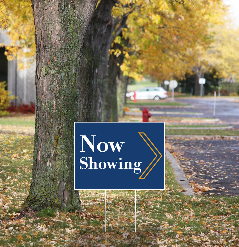 "Now Showing" Pre Designed Yard Signs | 24"W x 18"H, Double Sided, UV Printed | Choose Quantity | Comes with 6"W x 24"H Metal H-Stakes