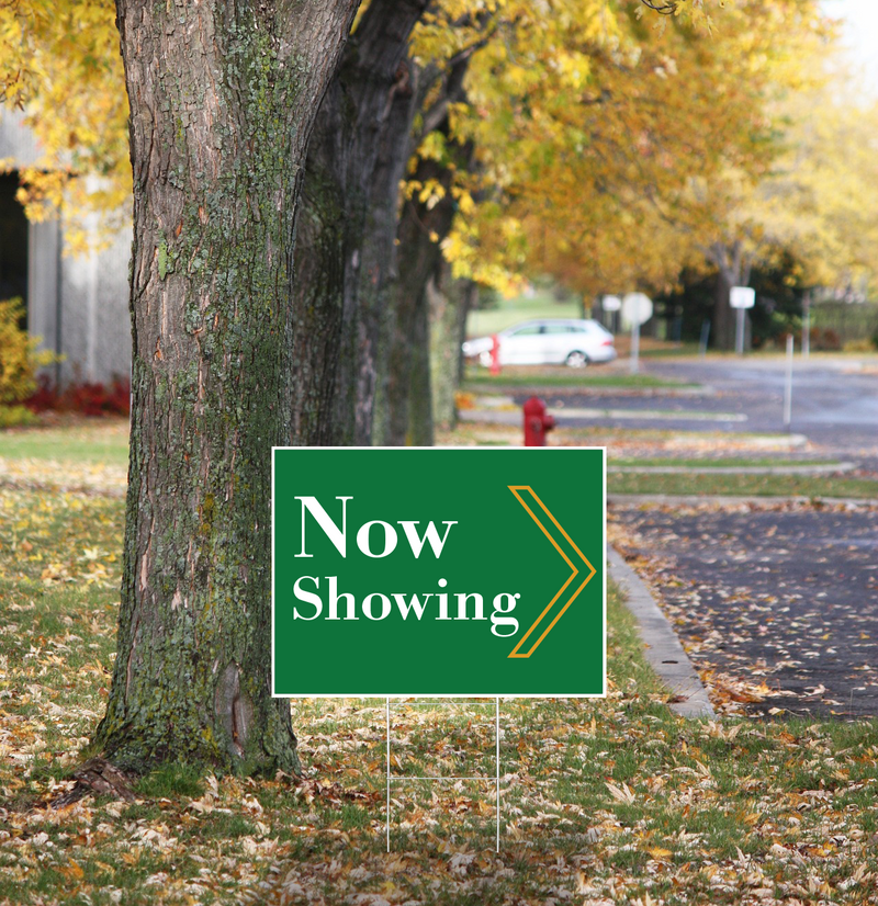 "Now Showing" Pre Designed Yard Signs | 24"W x 18"H, Double Sided, UV Printed | Choose Quantity | Comes with 6"W x 24"H Metal H-Stakes