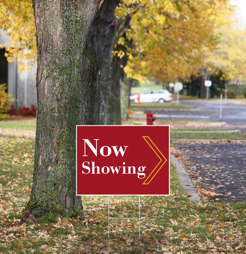 "Now Showing" Pre Designed Yard Signs | 24"W x 18"H, Double Sided, UV Printed | Choose Quantity | Comes with 6"W x 24"H Metal H-Stakes