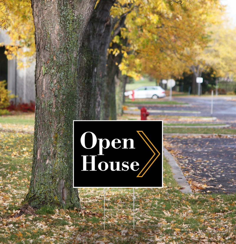 "Open House" Pre Designed Yard Signs | 24"W x 18"H, Double Sided, UV Printed | Choose Quantity & Signs Only or Sign with 6"W x 24"H Metal H-Stakes