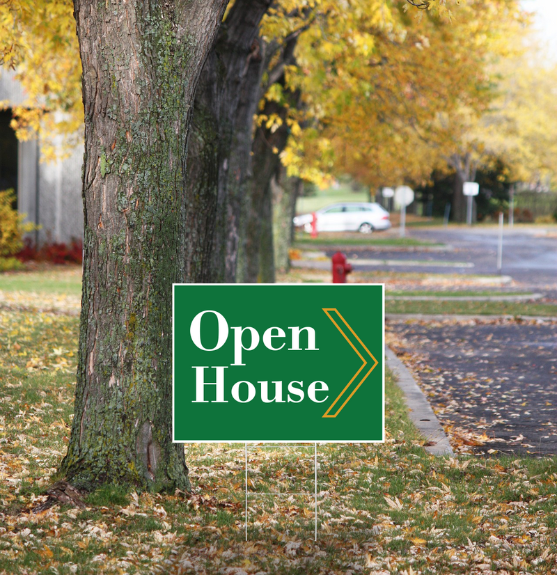 "Open House" Pre Designed Yard Signs | 24"W x 18"H, Double Sided, UV Printed | Choose Quantity & Signs Only or Sign with 6"W x 24"H Metal H-Stakes