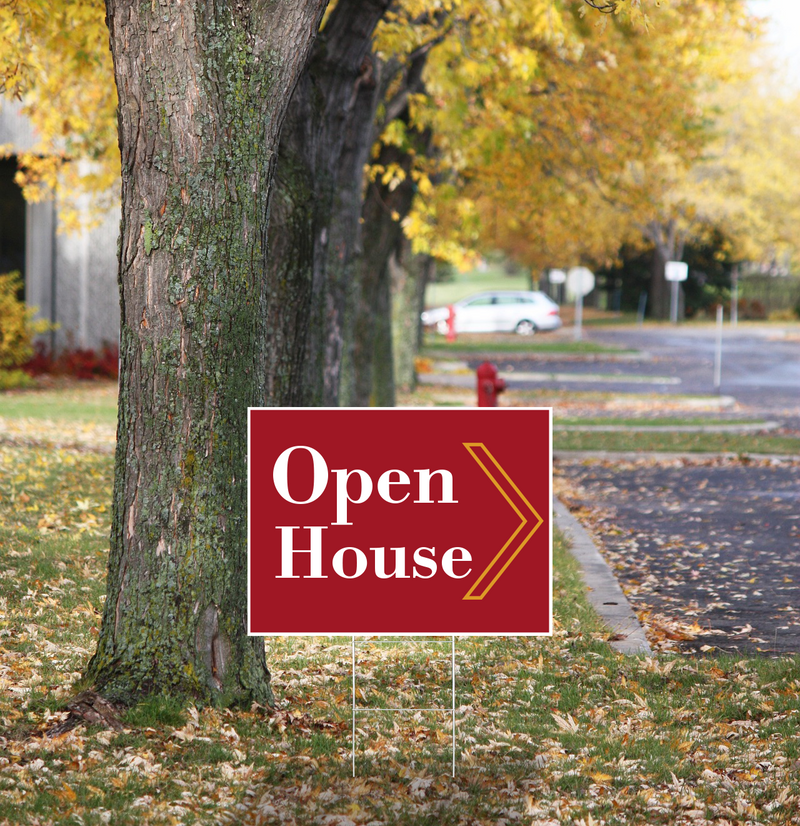 "Open House" Pre Designed Yard Signs | 24"W x 18"H, Double Sided, UV Printed | Choose Quantity & Signs Only or Sign with 6"W x 24"H Metal H-Stakes