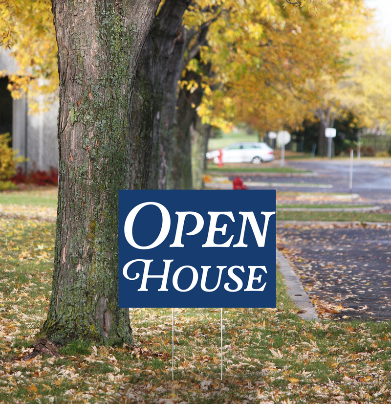 "Open House" Pre Designed Yard Signs | 24"W x 18"H, Double Sided, UV Printed | Choose Quantity & Signs Only or Sign with 6"W x 24"H Metal H-Stakes