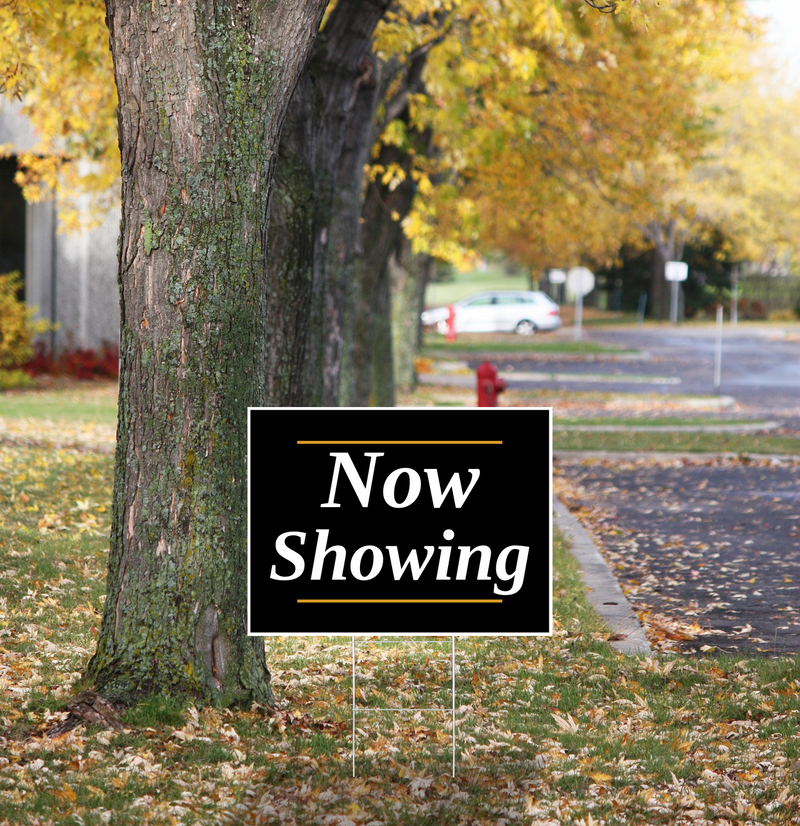 "Now Showing" Pre Designed Yard Signs | 24"W x 18"H, Double Sided, UV Printed | Choose Quantity | Comes with 6"W x 24"H Metal H-Stakes