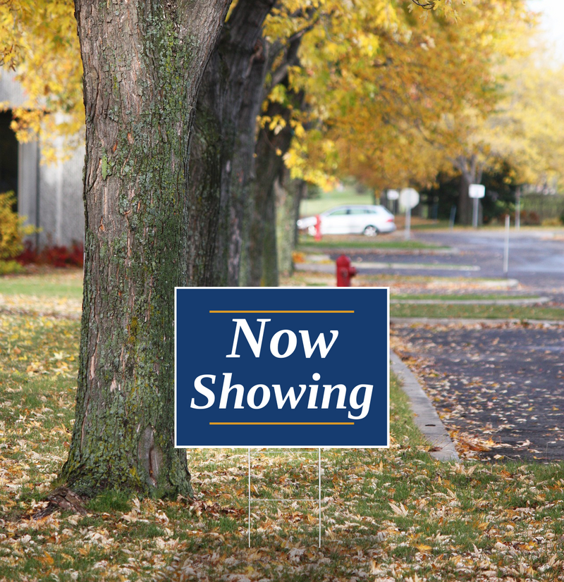 "Now Showing" Pre Designed Yard Signs | 24"W x 18"H, Double Sided, UV Printed | Choose Quantity | Comes with 6"W x 24"H Metal H-Stakes