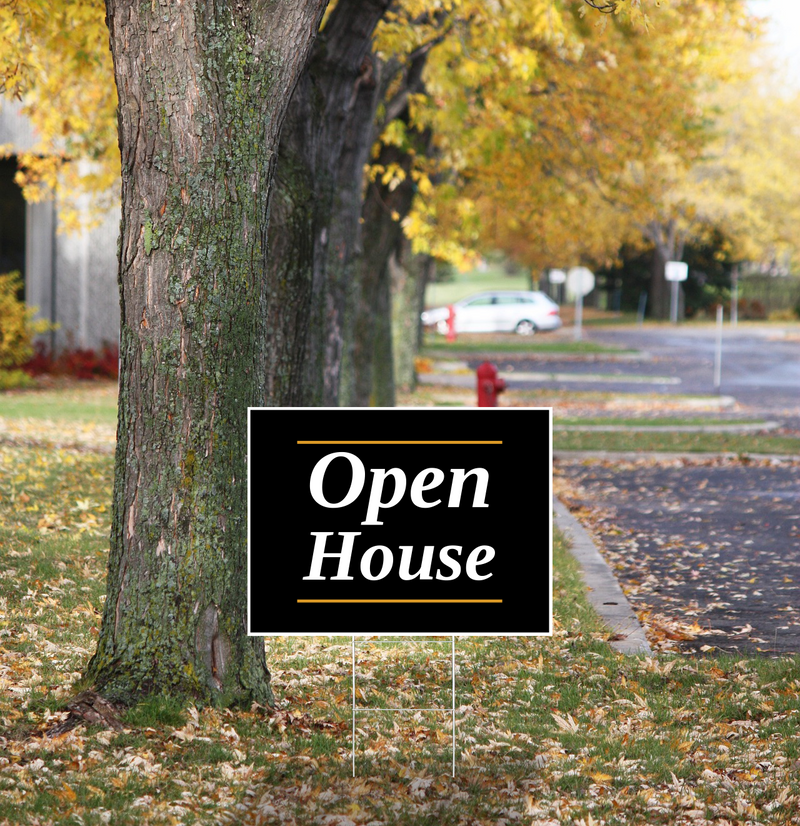 "Open House" Pre Designed Yard Signs | 24"W x 18"H, Double Sided, UV Printed | Choose Quantity & Signs Only or Sign with 6"W x 24"H Metal H-Stakes