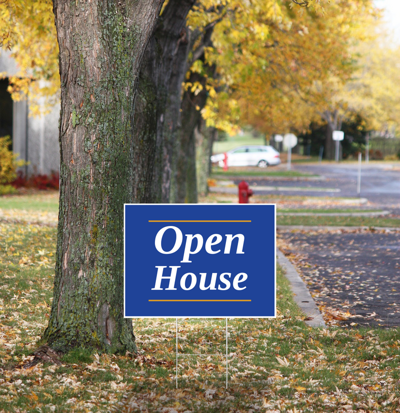 "Open House" Pre Designed Yard Signs | 24"W x 18"H, Double Sided, UV Printed | Choose Quantity & Signs Only or Sign with 6"W x 24"H Metal H-Stakes